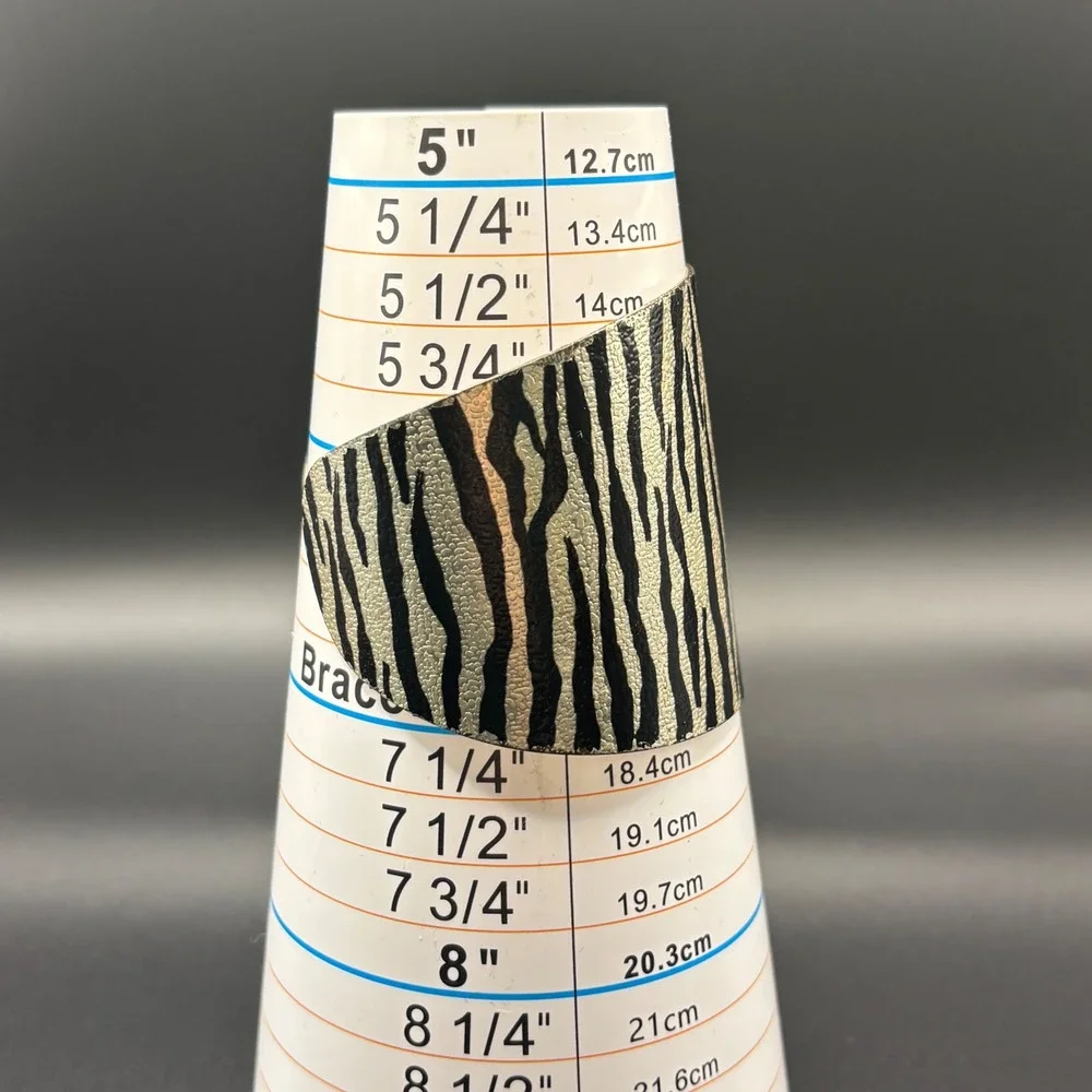 Silver Black Zebra Print Metallic Cuff Bracelet Wide Statement Animal Print